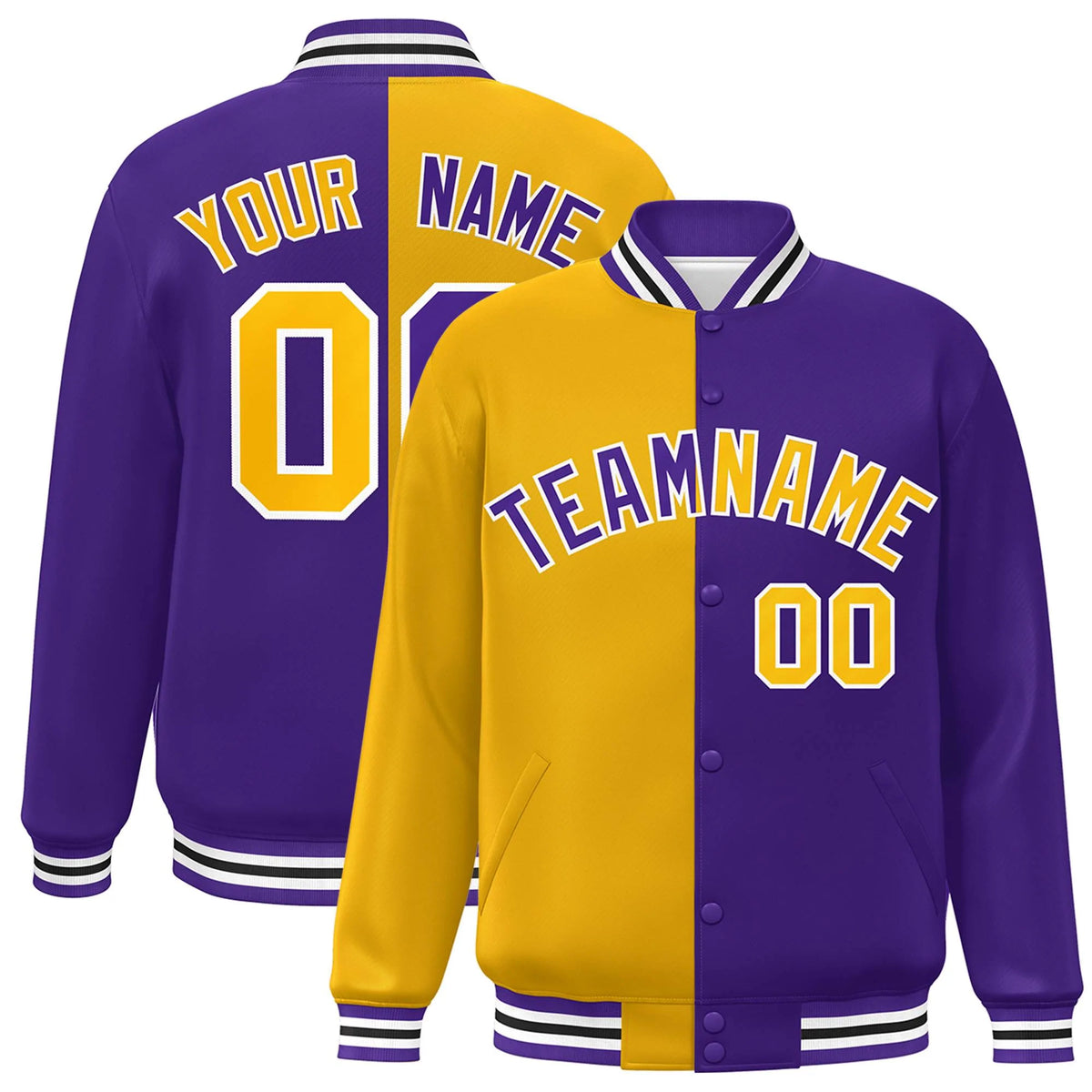 Custom Purple Gold-White Letterman Two Tone Split Fashion Varsity Full-Snap Jacket
