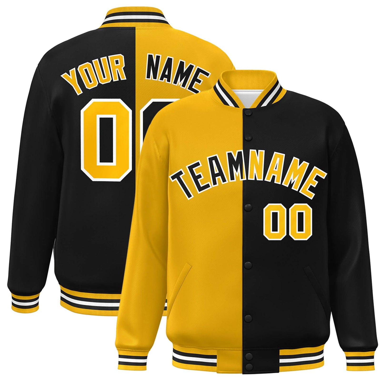 Custom Black Gold-White Letterman Two Tone Split Fashion Varsity Full-Snap Jacket