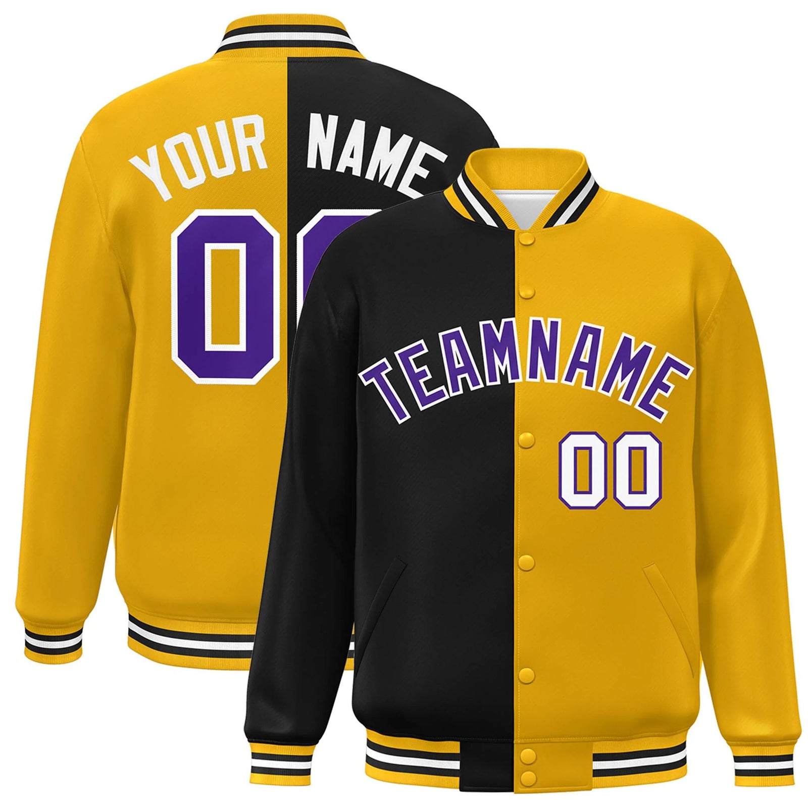 Custom Gold Black-Purple Letterman Two Tone Split Fashion Varsity Full-Snap Jacket