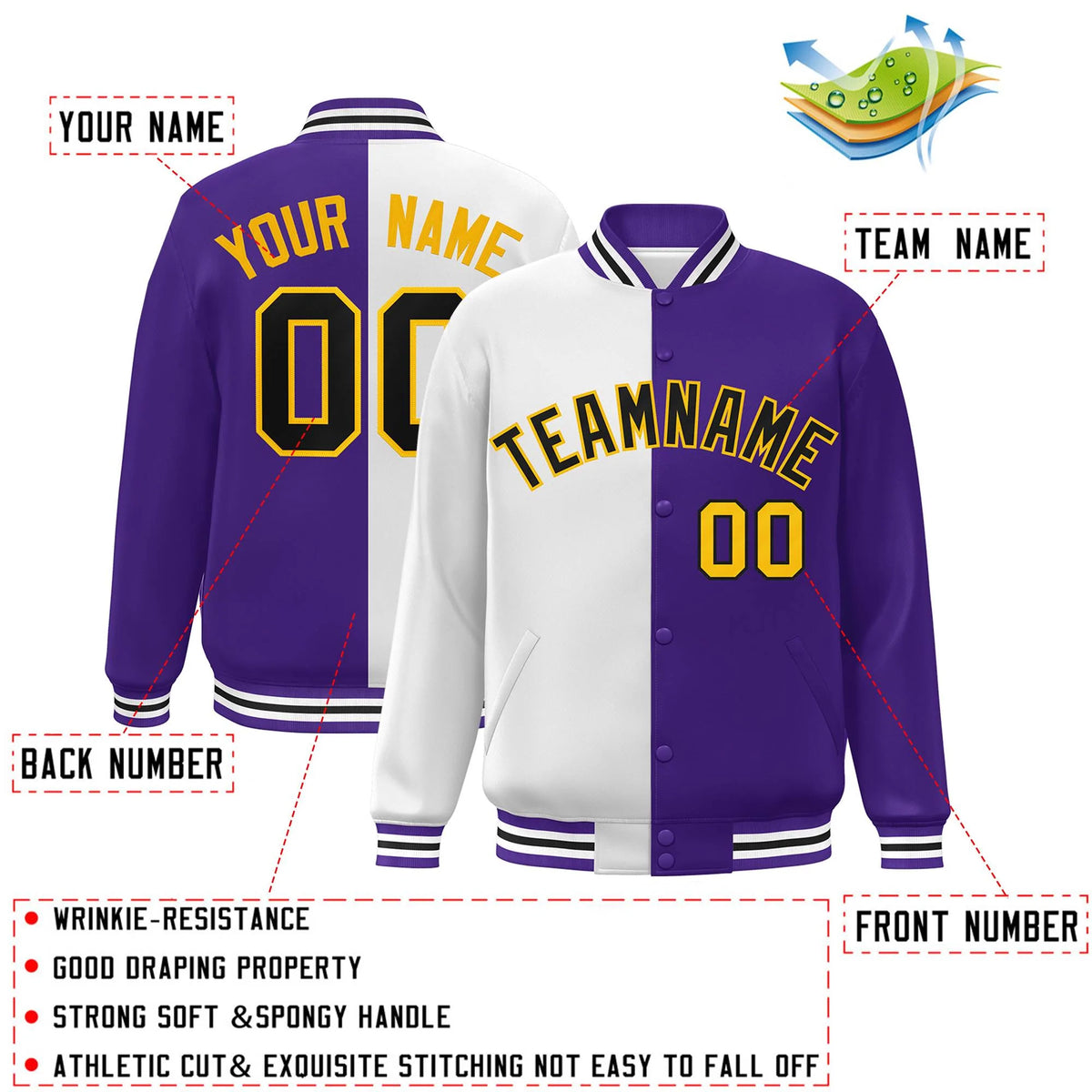 Custom Purple White-Gold Letterman Two Tone Split Fashion Varsity Full-Snap Jacket