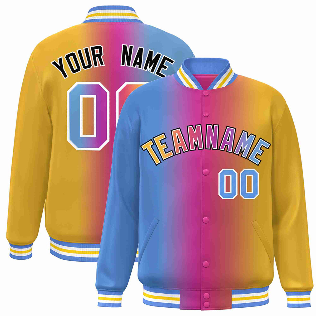 Custom Light Blue Purple-Yellow-White Gradient Fashion Letterman Bomber Varsity Jacket