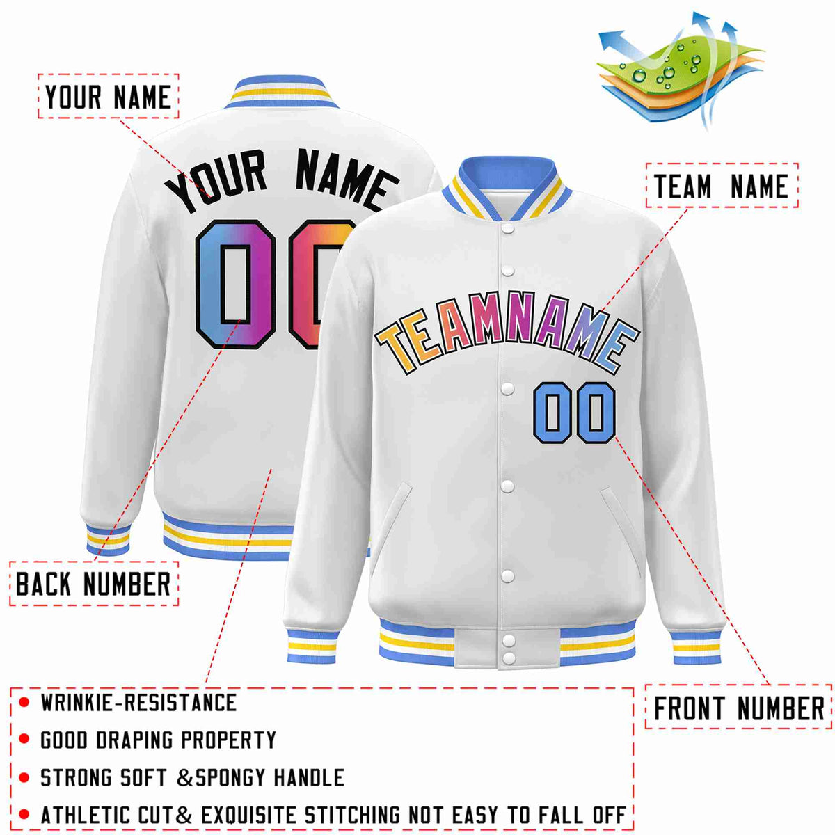 Custom White Yellow-White Gradient Fashion Letterman Bomber Varsity Jacket