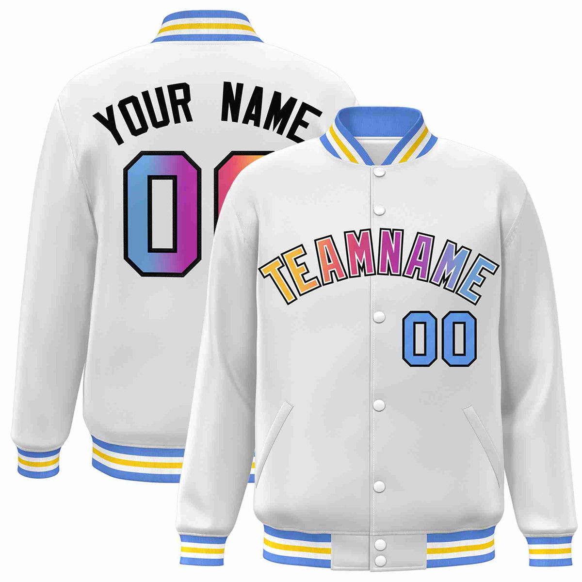Custom White Yellow-White Gradient Fashion Letterman Bomber Varsity Jacket