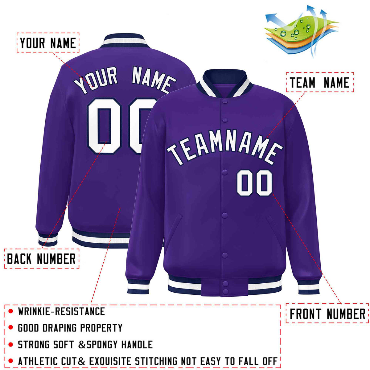 Custom Purple White-Navy Classic Style Varsity Full-Snap Letterman Jacket