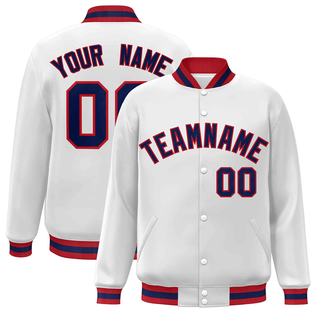 Custom White Navy-Red Classic Style Varsity Full-Snap Letterman Jacket