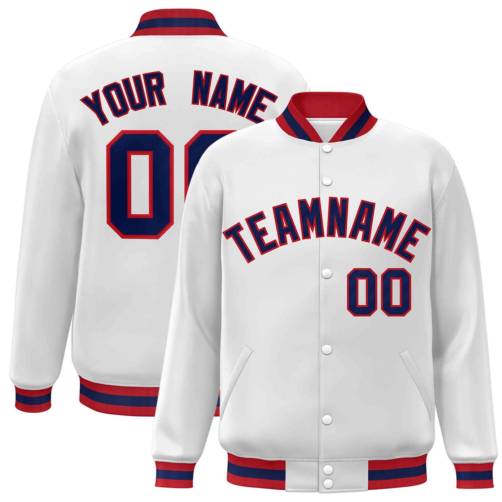 Custom White Navy-Red Classic Style Varsity Full-Snap Letterman Jacket