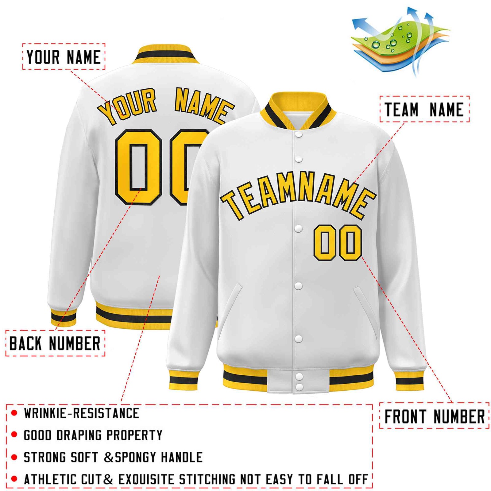 Custom White Gold-Black Classic Style Varsity Full-Snap Letterman Jacket