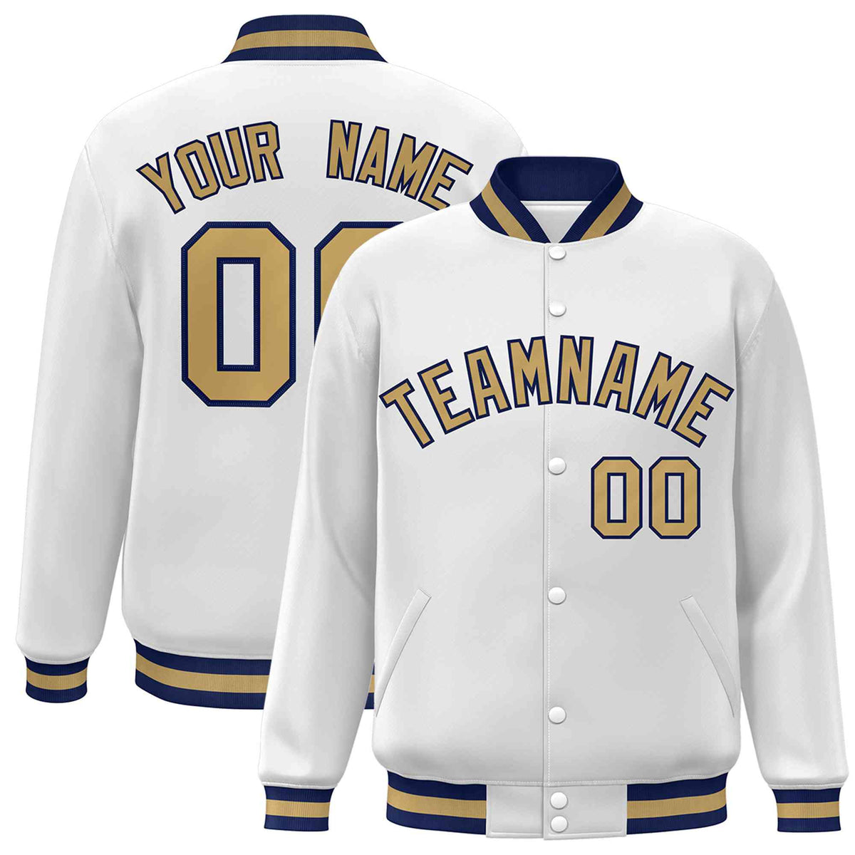 Custom White Old Gold-Navy Classic Style Varsity Full-Snap Letterman Jacket