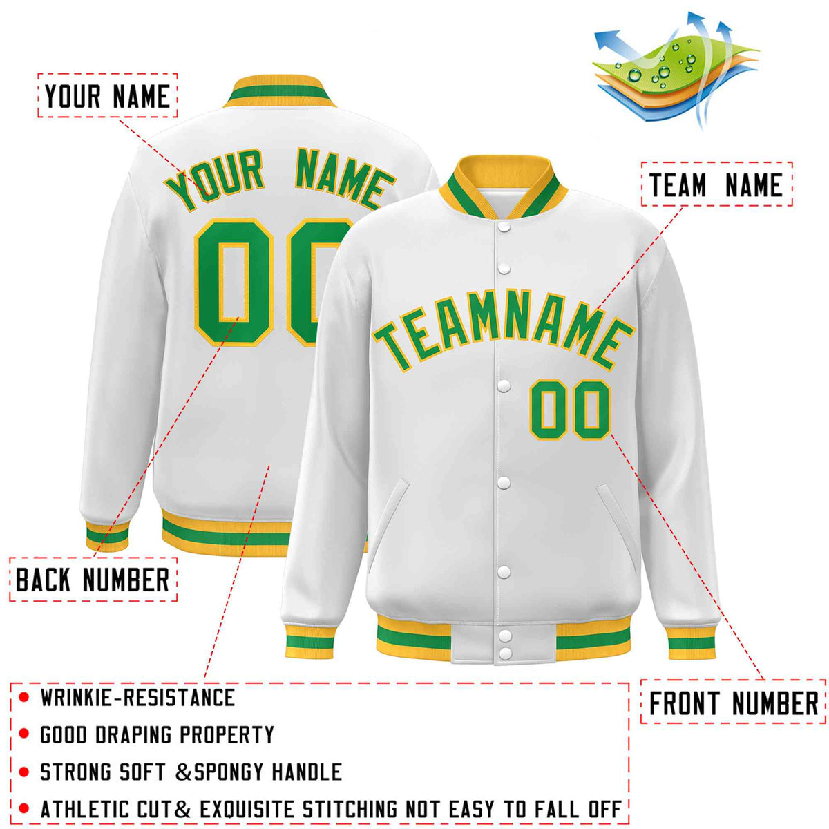 Custom White Green-Gold Classic Style Varsity Full-Snap Letterman Jacket