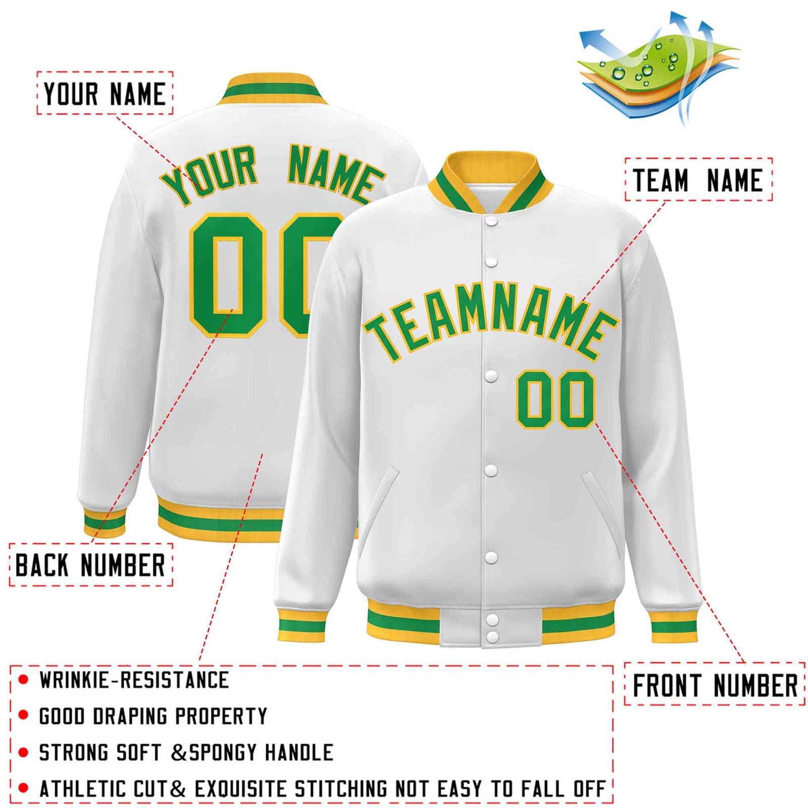 Custom White Green-Gold Classic Style Varsity Full-Snap Letterman Jacket