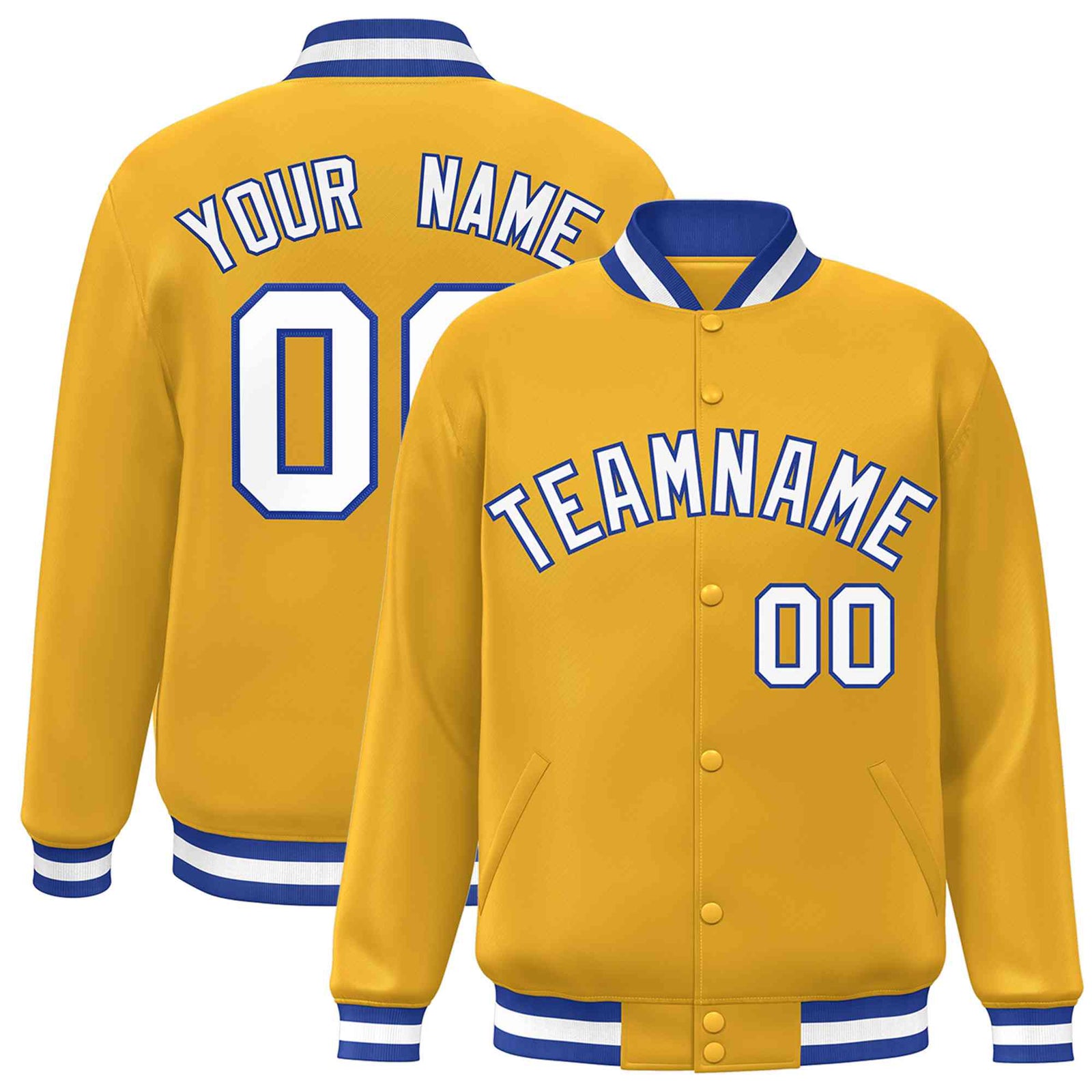 Custom Gold White-Royal Classic Style Varsity Full-Snap Letterman Jacket