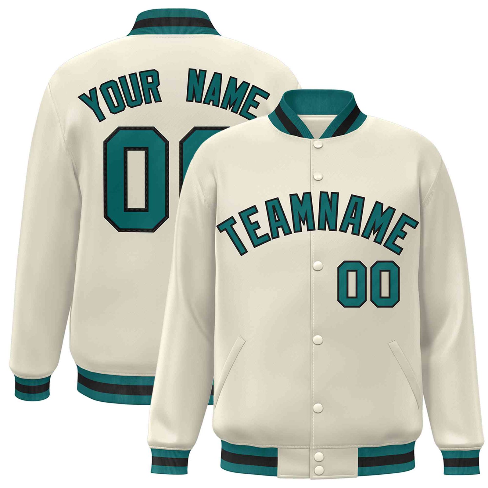 Custom Khaki Aqua-Black Classic Style Varsity Full-Snap Letterman Jacket