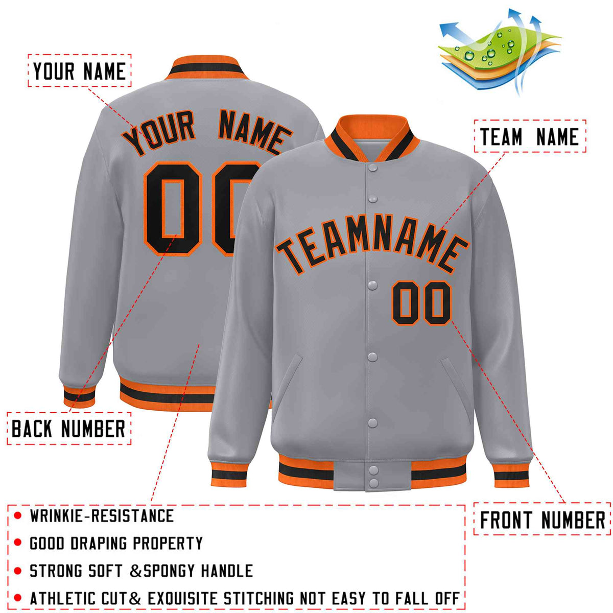 Custom Gray Black-Orange Classic Style Varsity Full-Snap Letterman Jacket