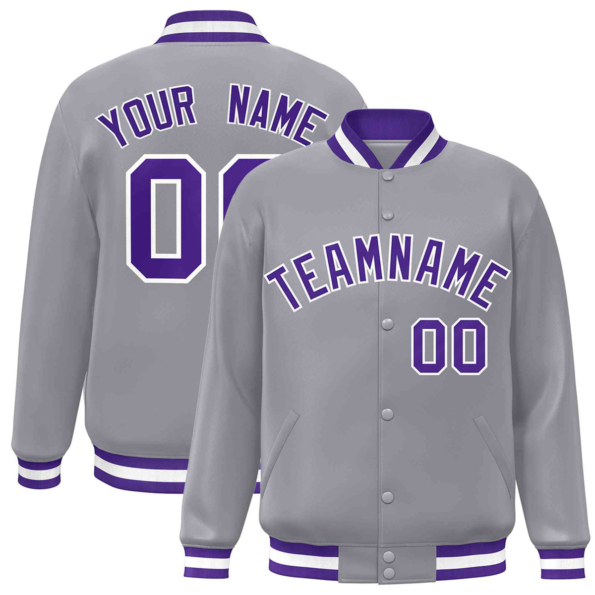 Custom Gray Purple-White Classic Style Varsity Full-Snap Letterman Jacket