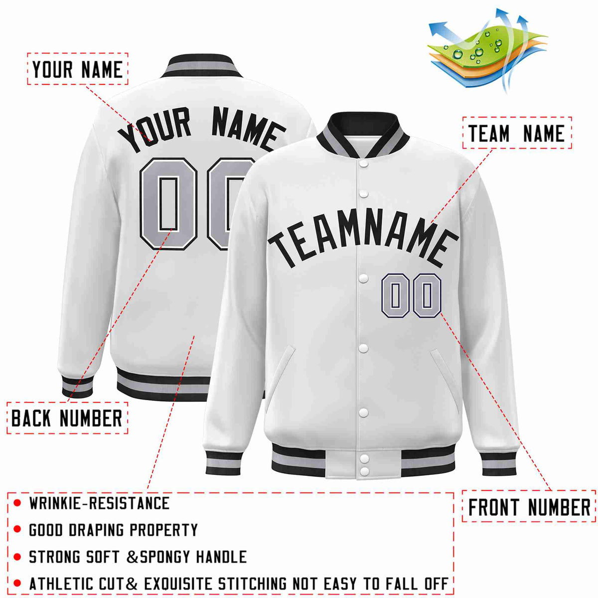 Custom White Black Classic Style Varsity Full-Snap Letterman Jacket