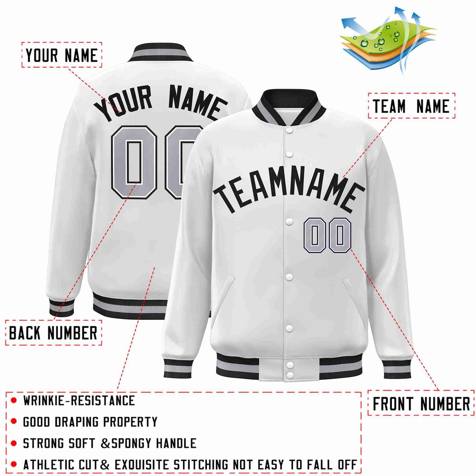 Custom White Black Classic Style Varsity Full-Snap Letterman Jacket