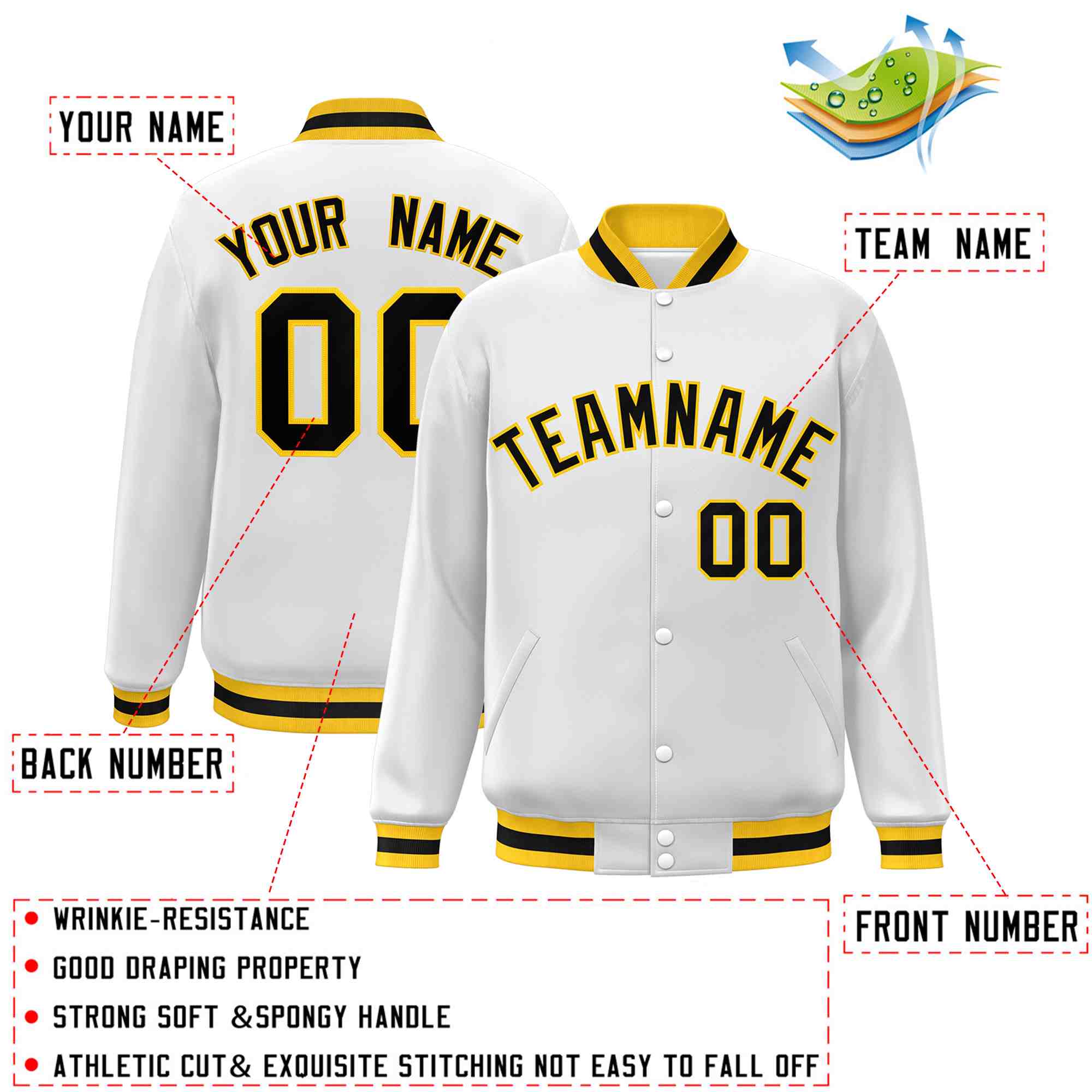 Custom White Black-Gold Classic Style Varsity Full-Snap Letterman Jacket