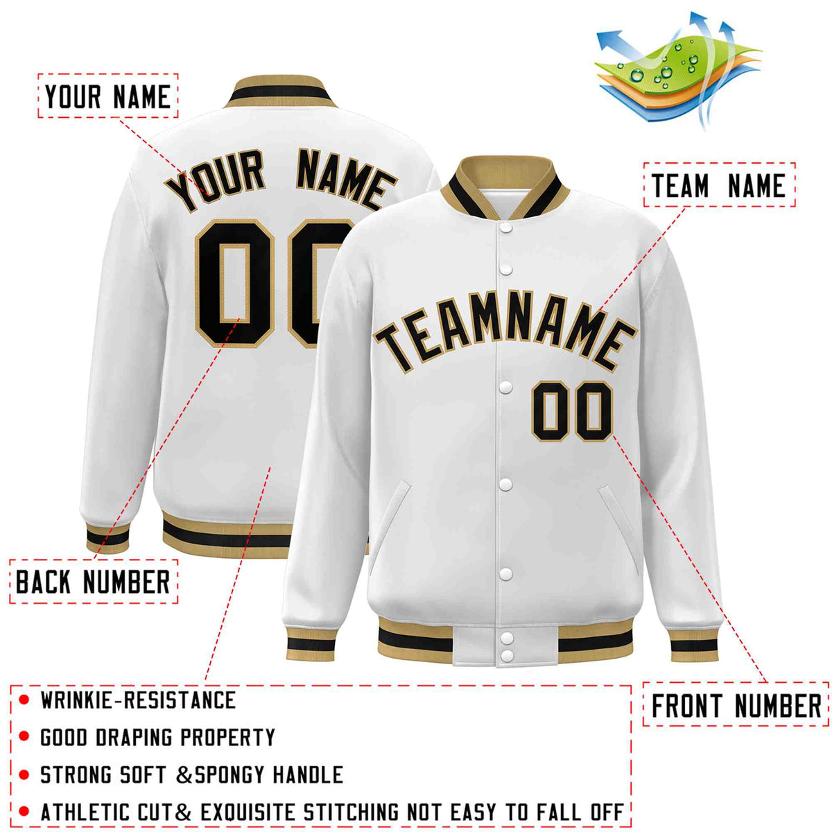 Custom White Black-Old Gold Classic Style Varsity Full-Snap Letterman Jacket