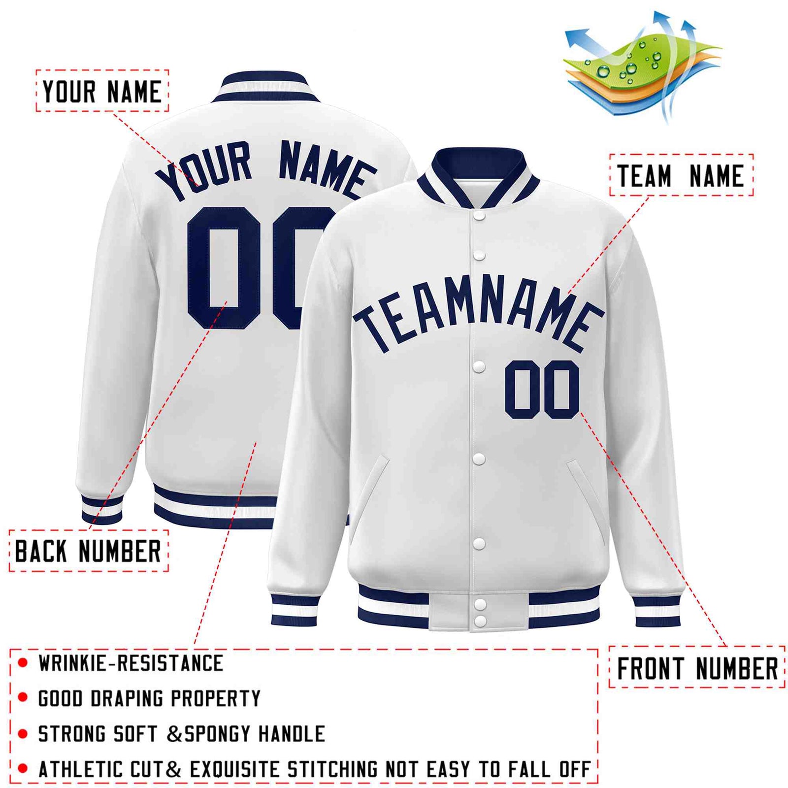 Custom White Navy Classic Style Varsity Full-Snap Letterman Jacket