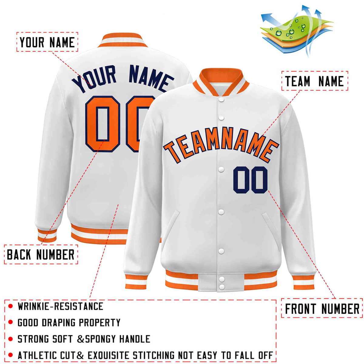 Custom White Orange-Navy Classic Style Varsity Full-Snap Letterman Jacket