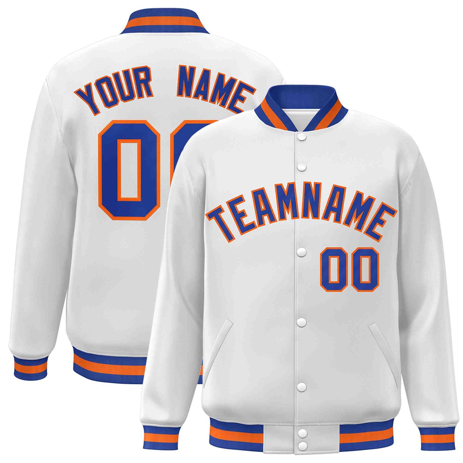 Custom White Royal-Orange Classic Style Varsity Full-Snap Letterman Jacket