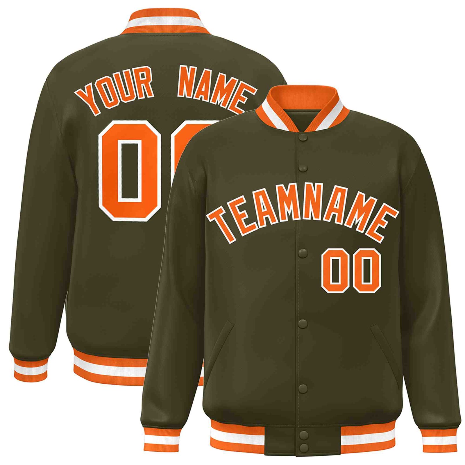 Custom Olive Orange-White Classic Style Varsity Full-Snap Letterman Jacket