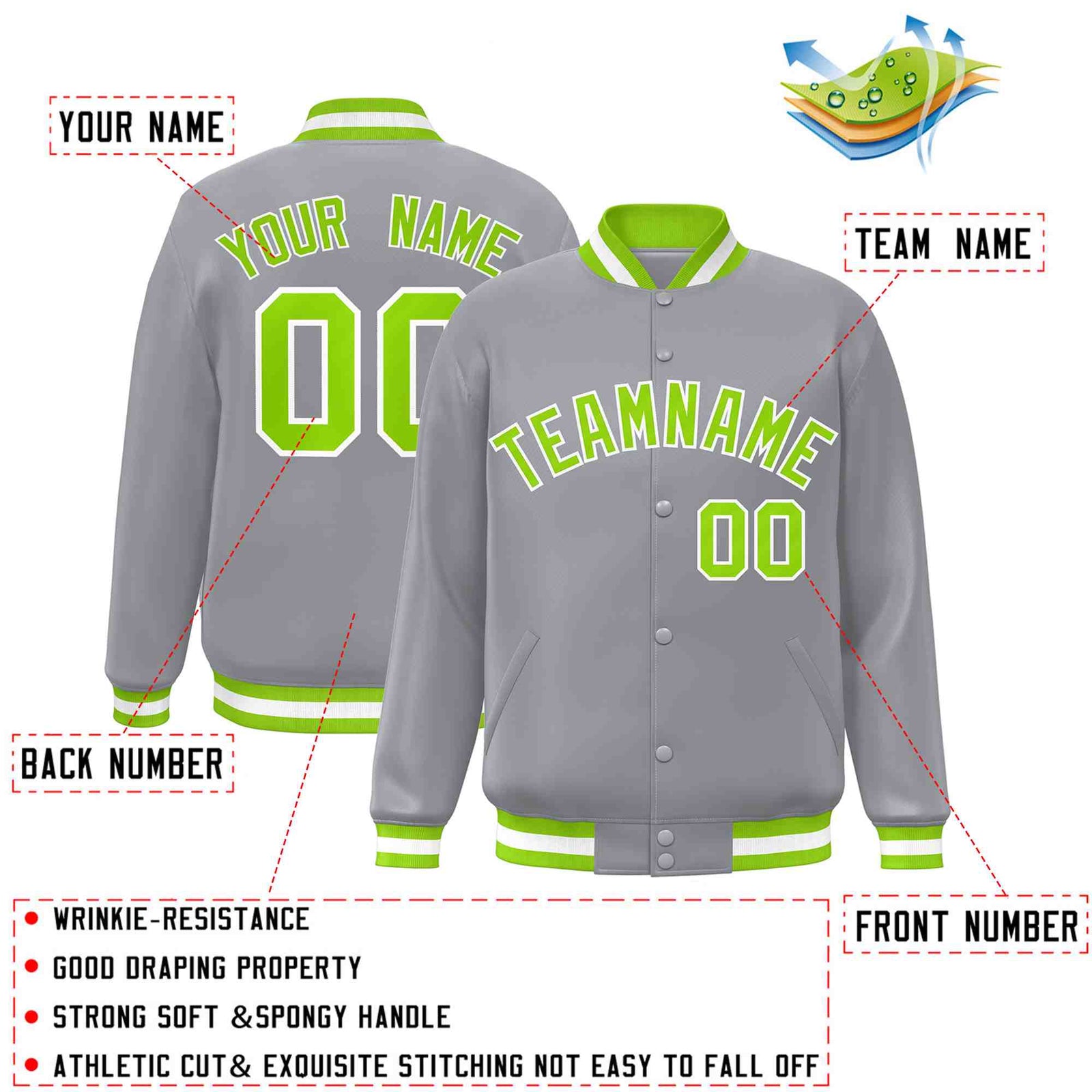 Custom Gray Neon Green-White Classic Style Varsity Full-Snap Letterman Jacket