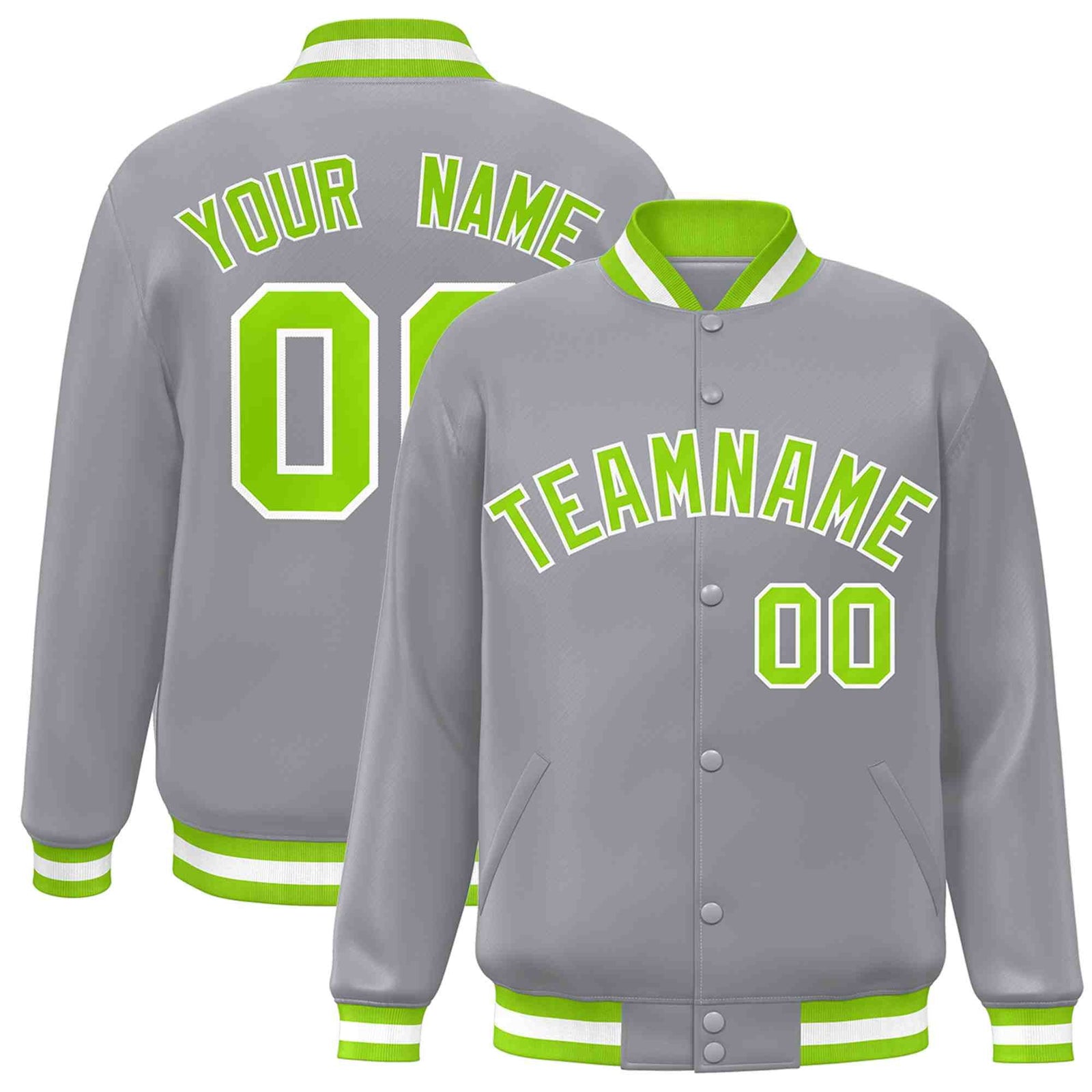 Custom Gray Neon Green-White Classic Style Varsity Full-Snap Letterman Jacket