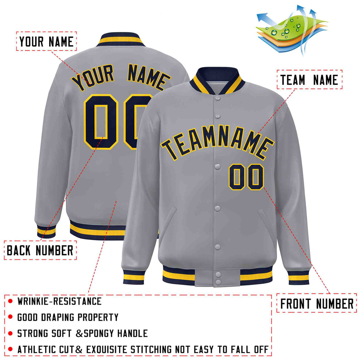 Custom Gray Navy-Gold Classic Style Varsity Full-Snap Letterman Jacket