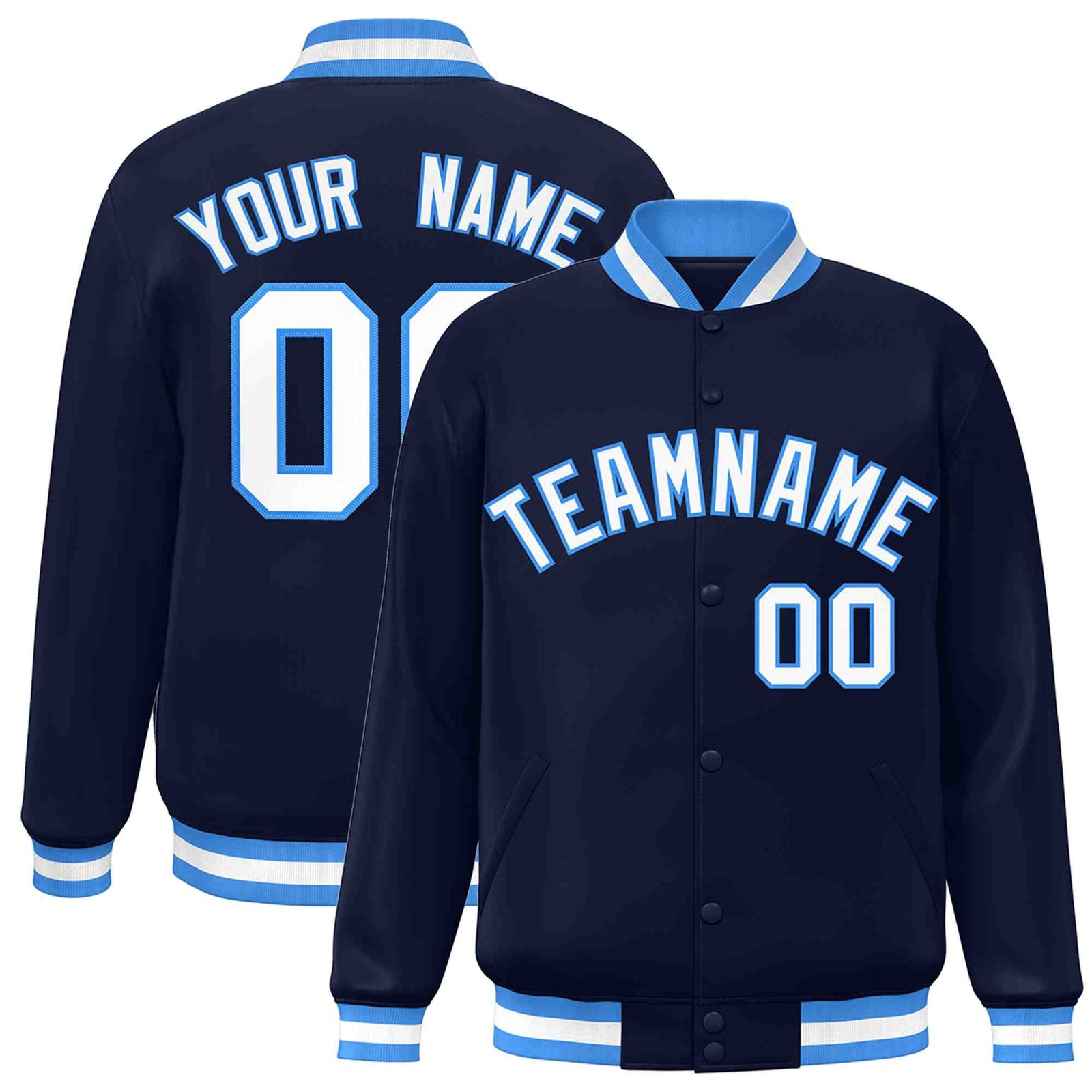 Custom Navy White-Powder Blue Classic Style Varsity Full-Snap Letterman Jacket