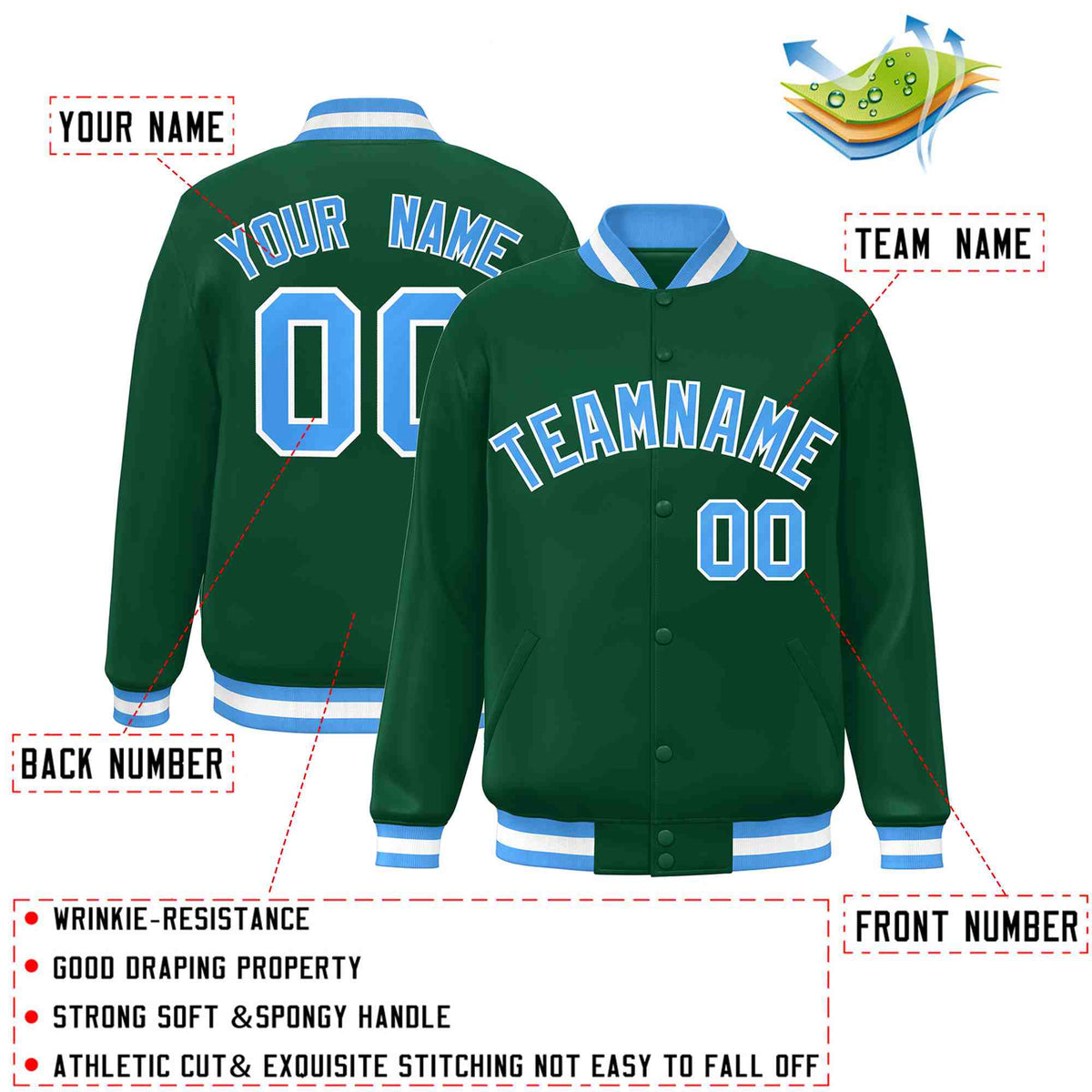 Custom Green Powder Blue-White Classic Style Varsity Full-Snap Letterman Jacket