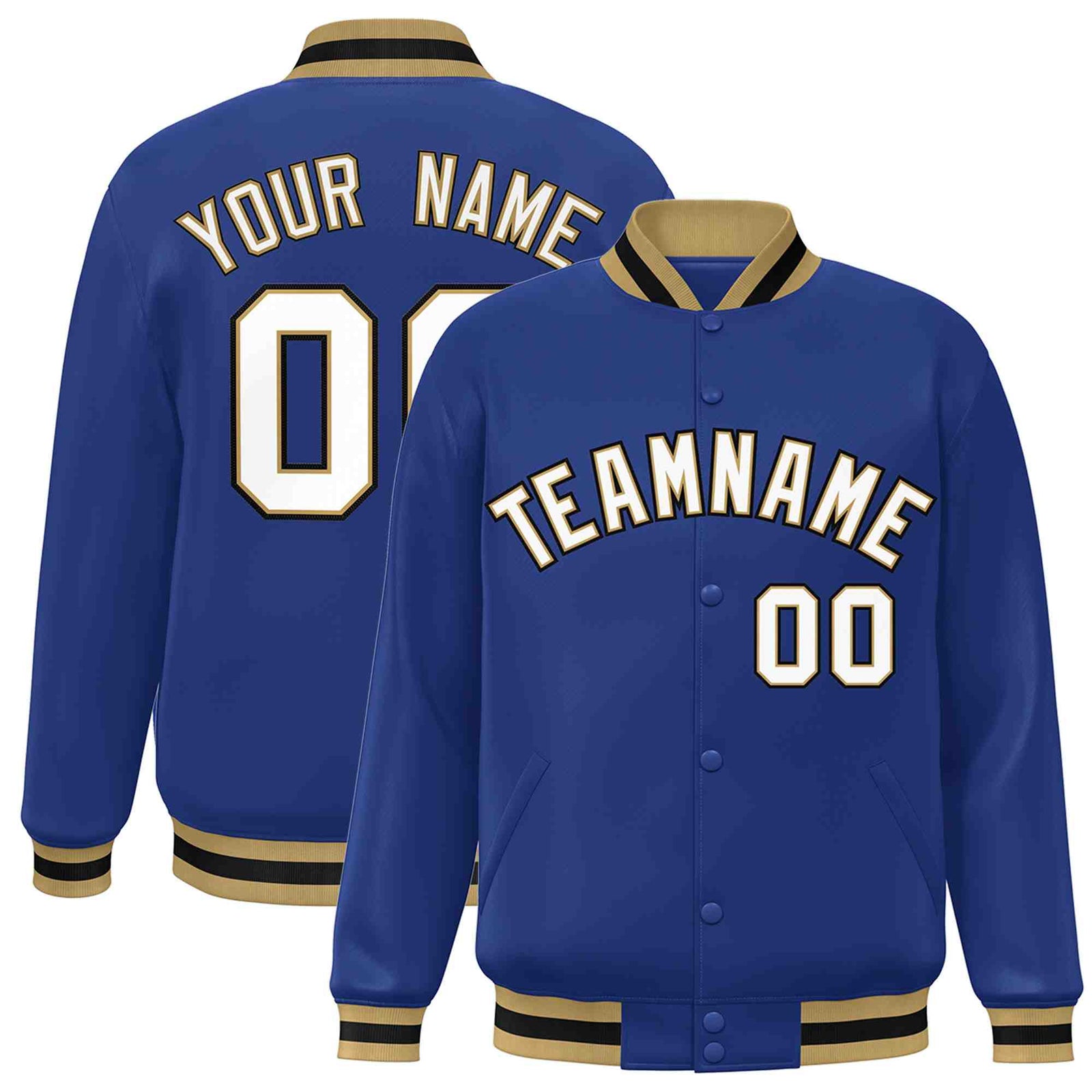 Custom Royal White-Old Gold Classic Style Varsity Full-Snap Letterman Jacket