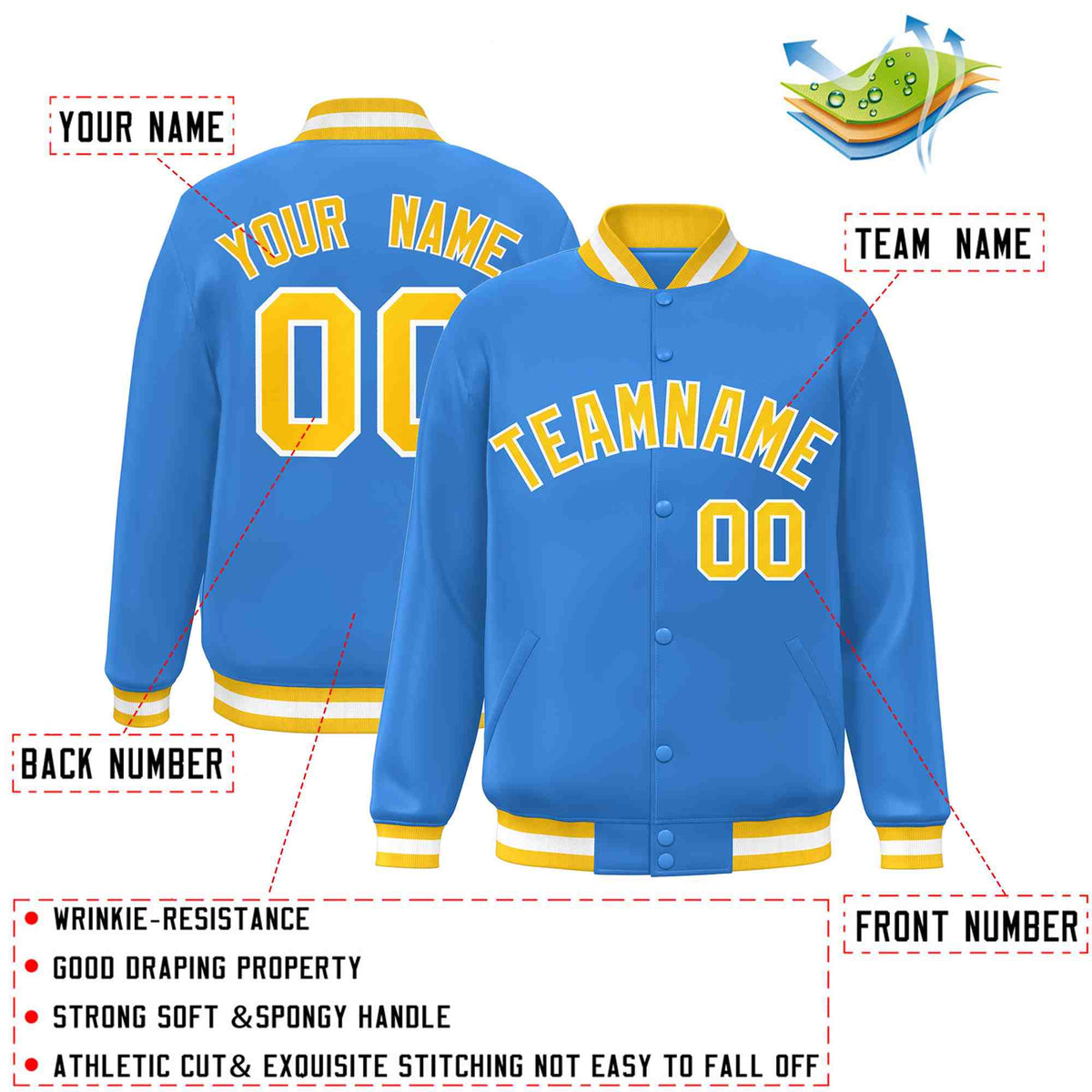 Custom Powder Blue Gold-White Classic Style Varsity Full-Snap Letterman Jacket