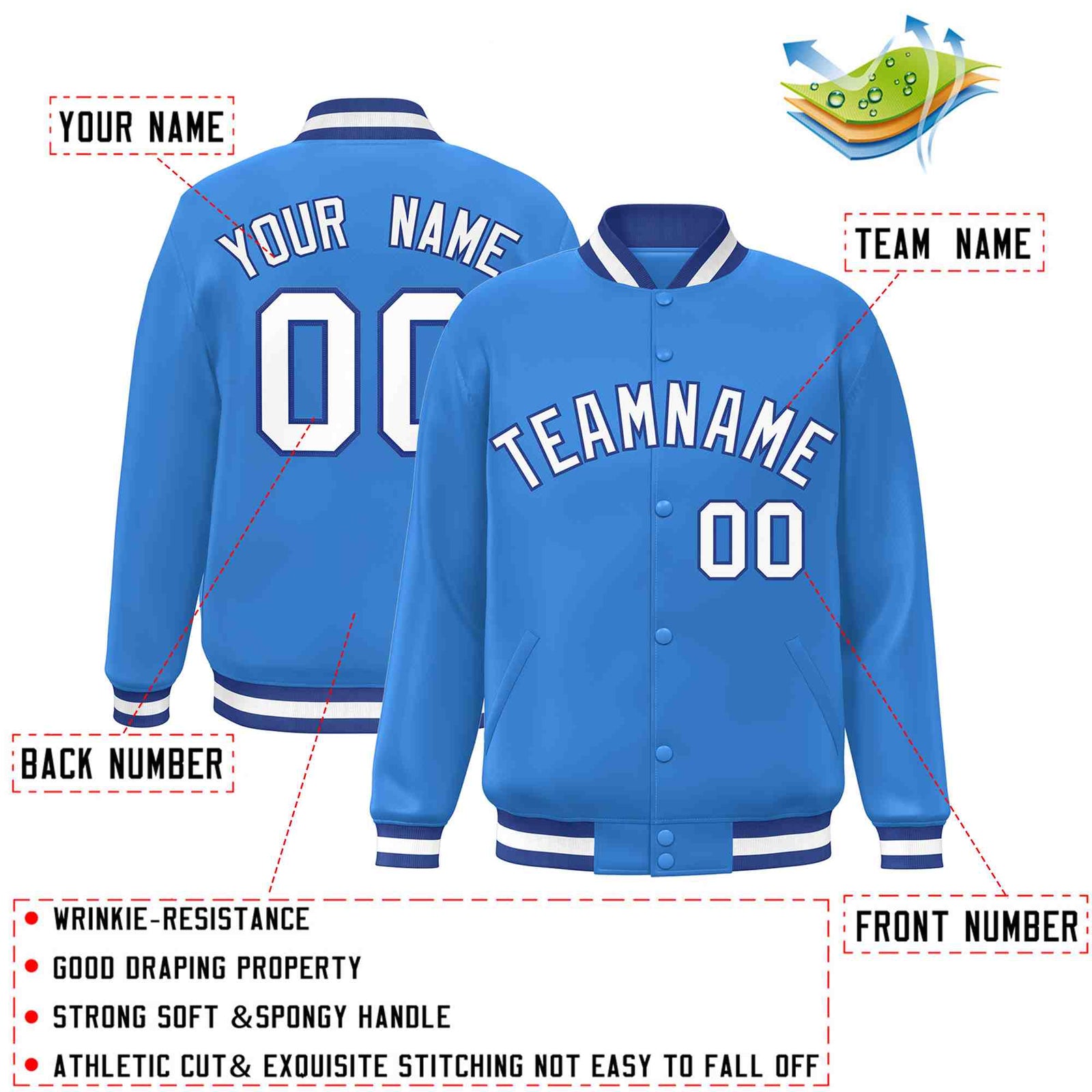 Custom Powder Blue White-Royal Classic Style Varsity Full-Snap Letterman Jacket