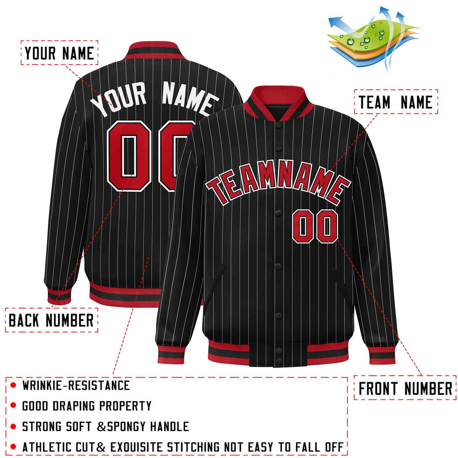 Custom Black Red-White Personalized Bomber Stripe Fashion Casual Jacket
