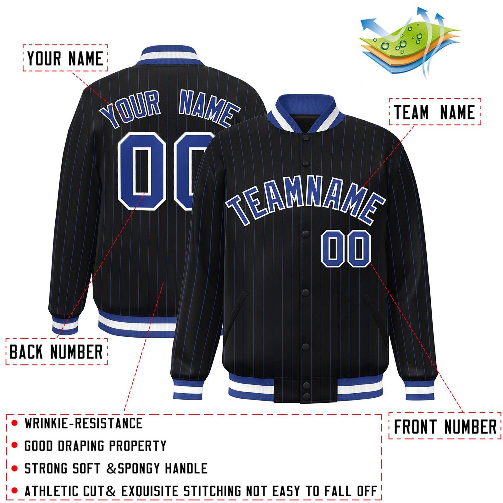 Custom Black Royal-White Personalized Letterman Stripe Fashion Baseball  Jacket