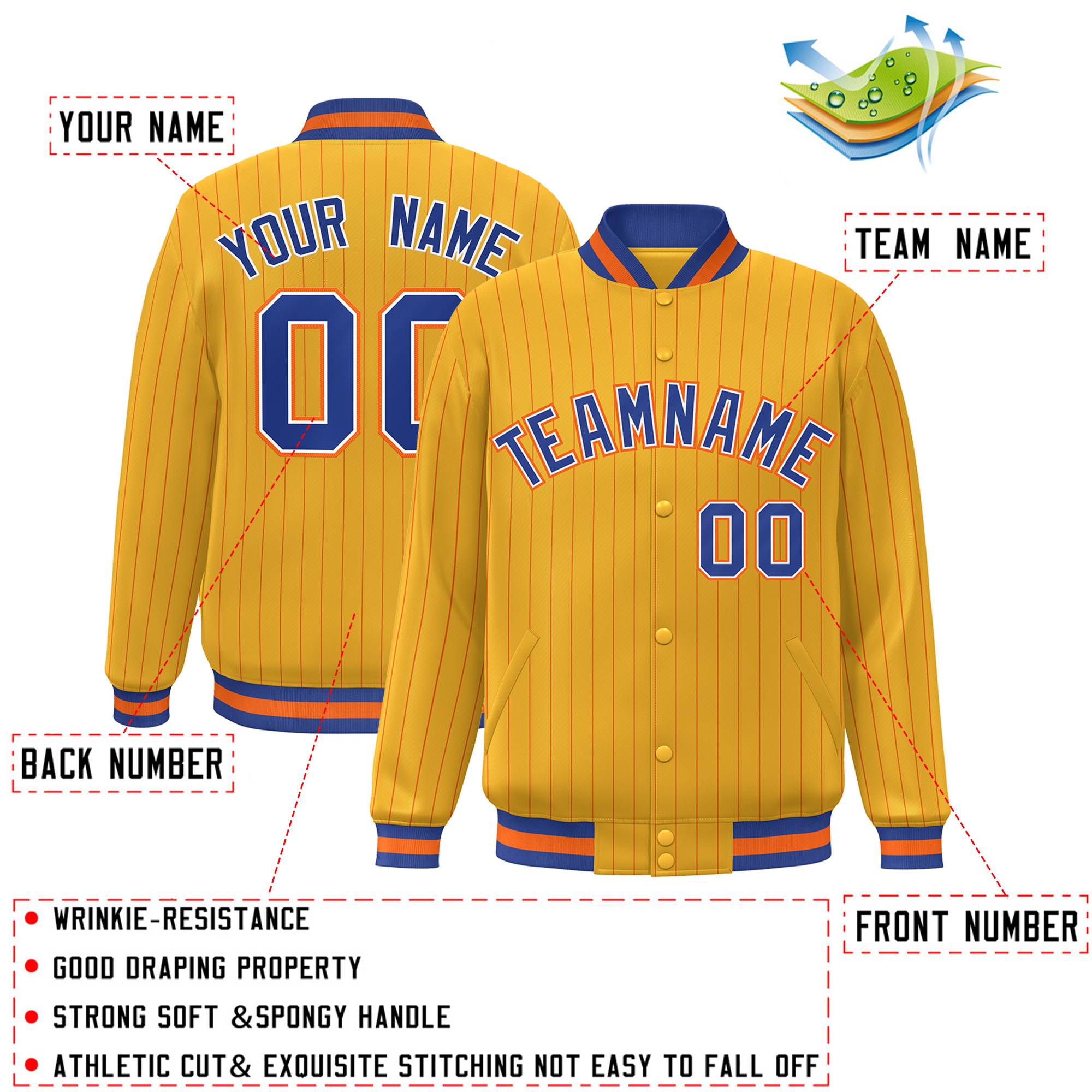Custom Gold Royal-Orange Personalized Varsity Letterman Stripe Fashion Jacket