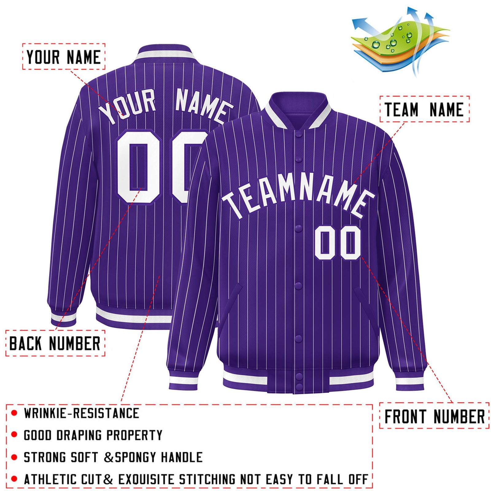 Custom Purple White Personalized Stripe Fashion Letterman Bomber Varsity Jacket
