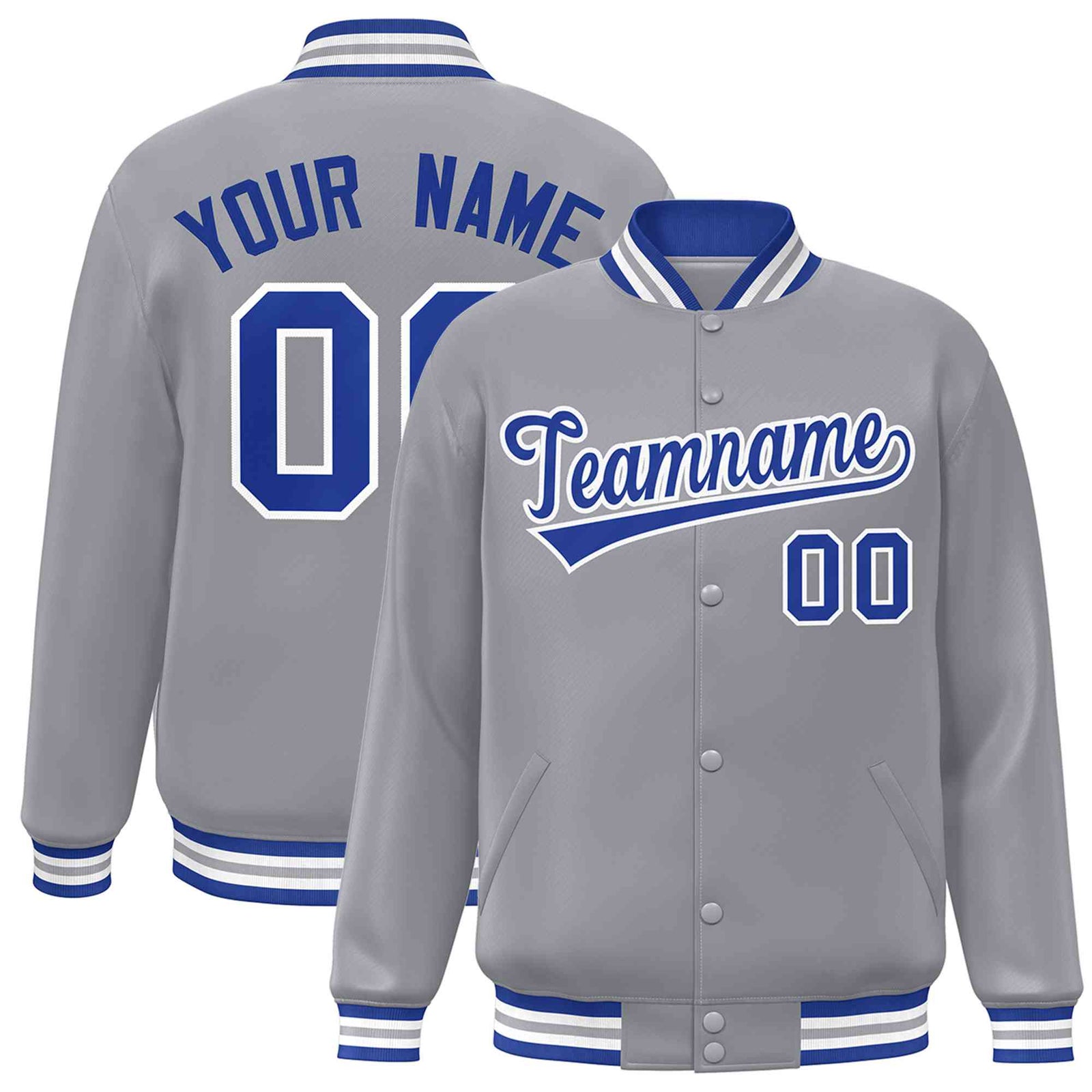 Custom Gray Royal-White Classic Style Varsity Full-Snap Letterman Jacket
