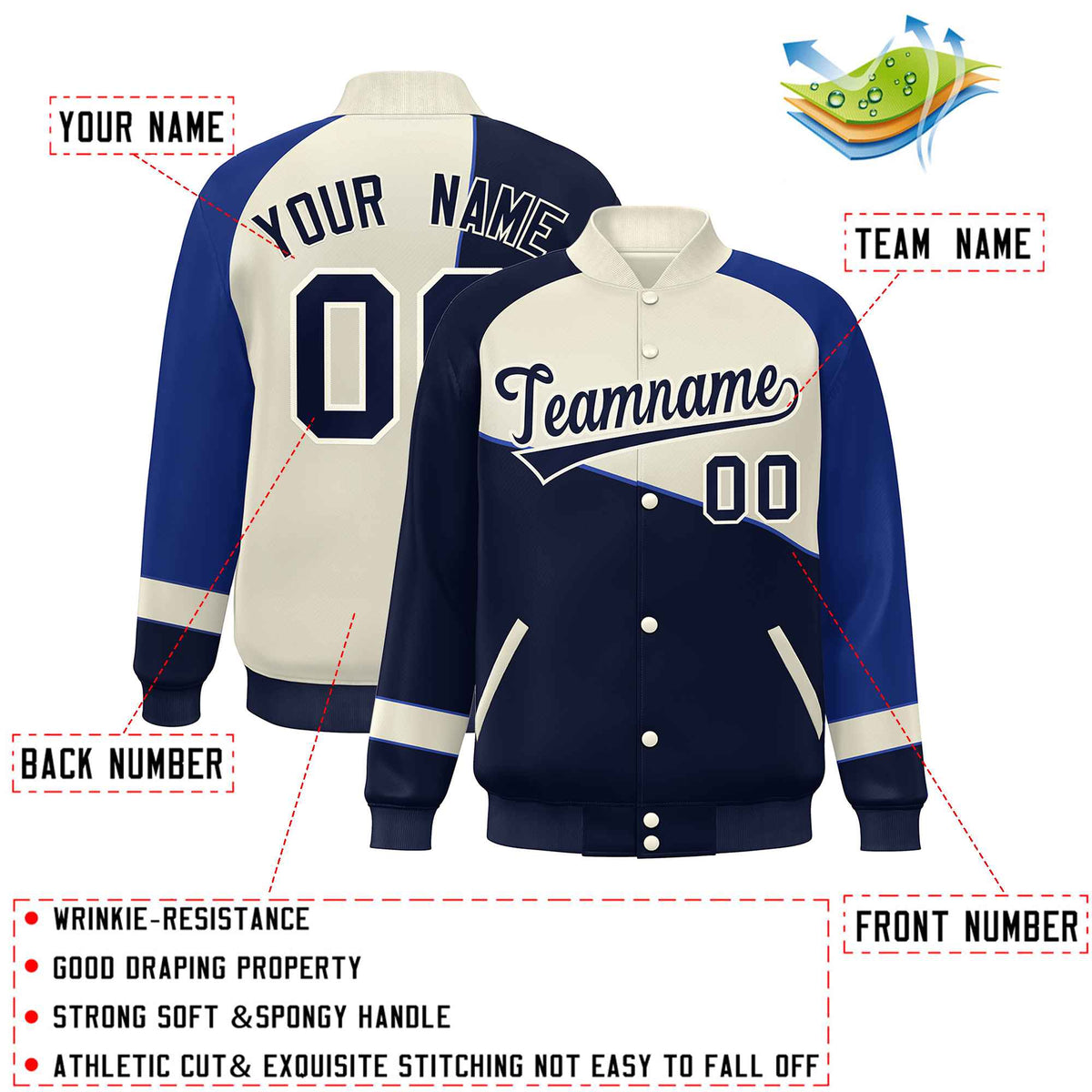 Custom Navy White-Royal Color Block Bomber Varsity Full-Snap Baseball Jacket