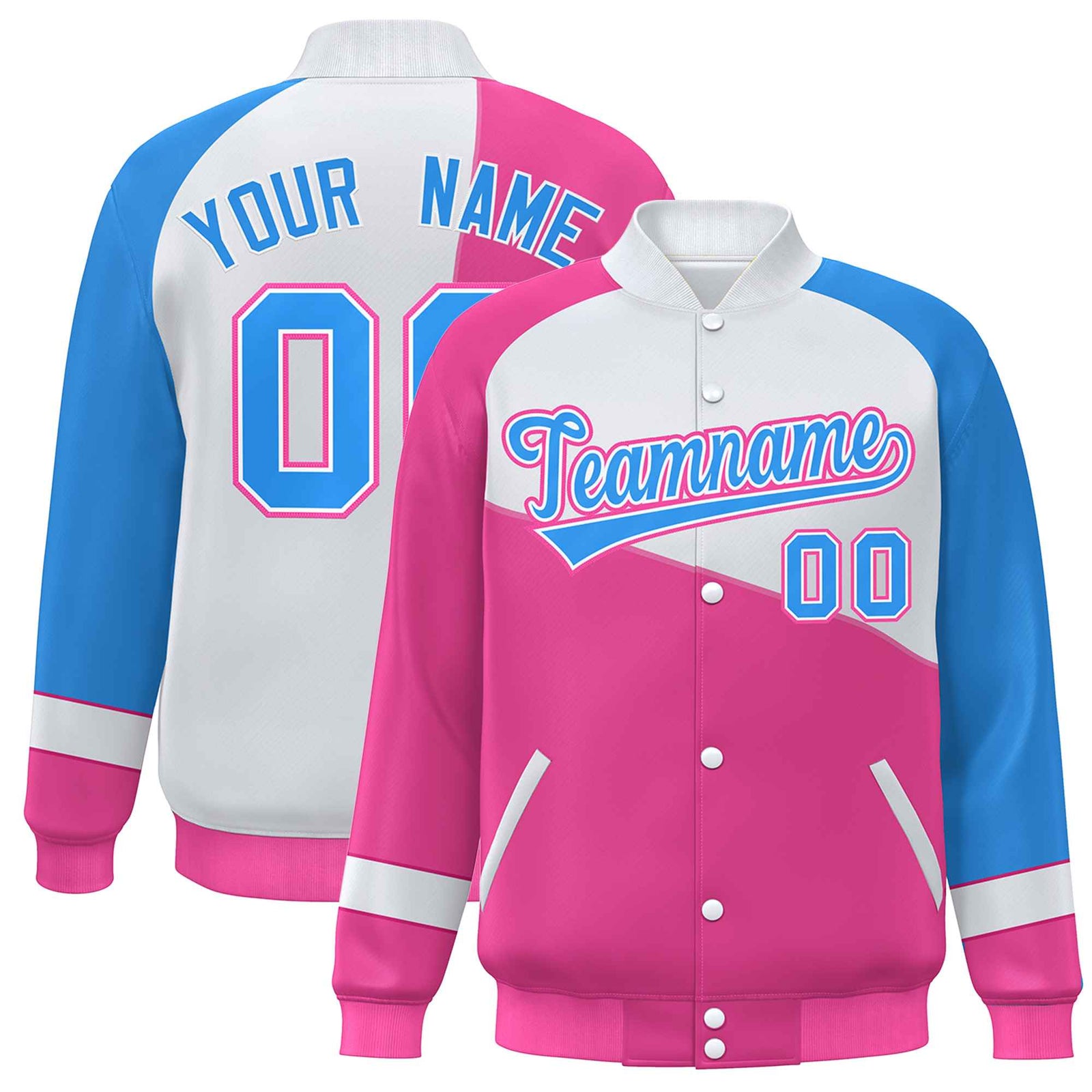 Custom Pink White-Powder Blue Color Block Bomber Varsity Full-Snap Baseball Jacket