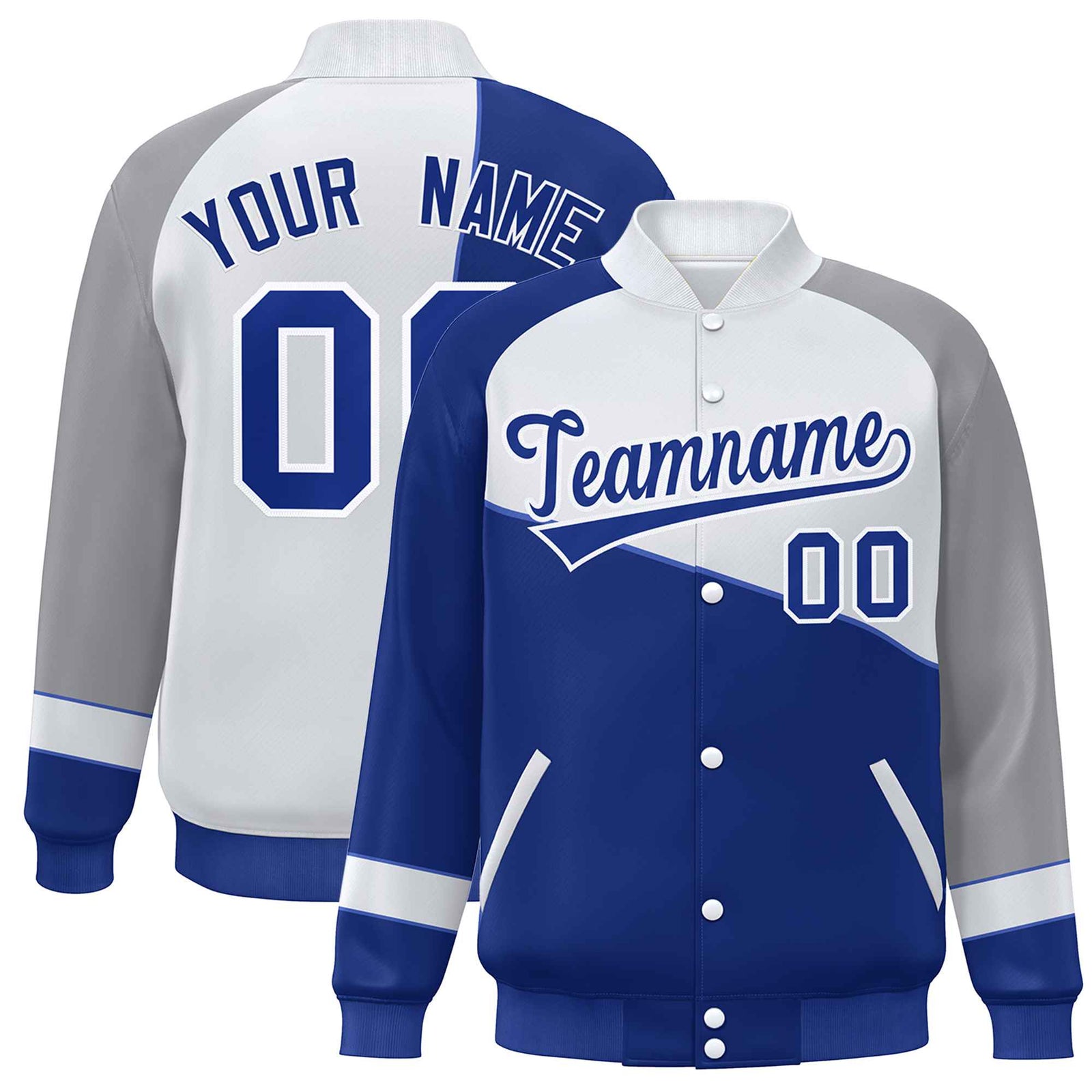 Custom Royal White-Gray Color Block Bomber Varsity Full-Snap Baseball Jacket