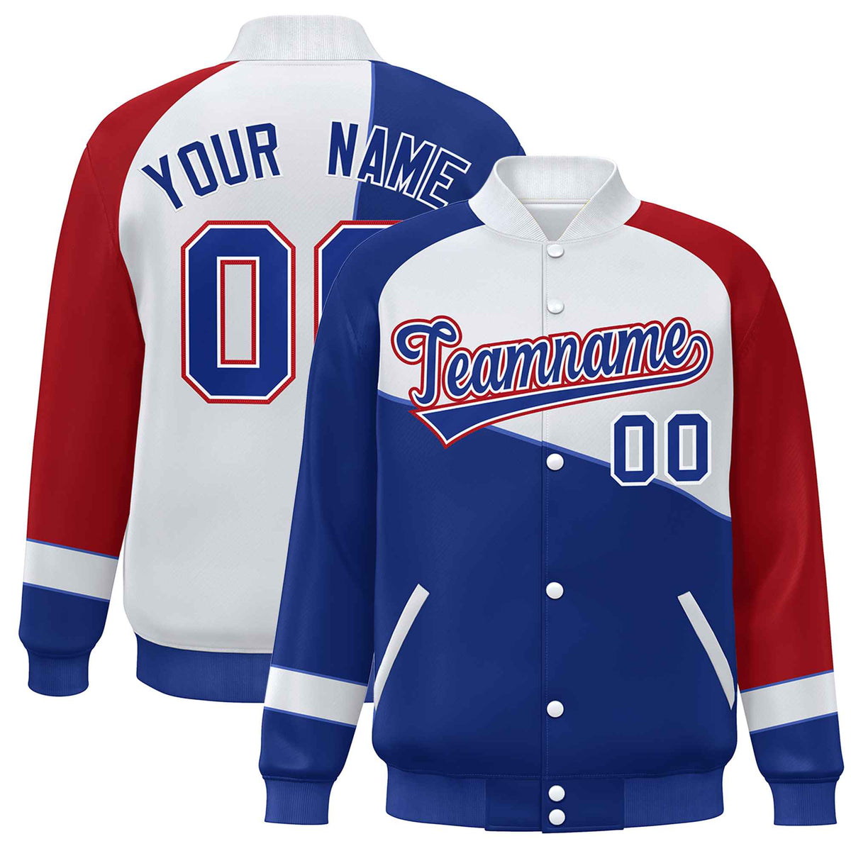 Custom Royal White-Red Color Block Bomber Varsity Full-Snap Baseball Jacket