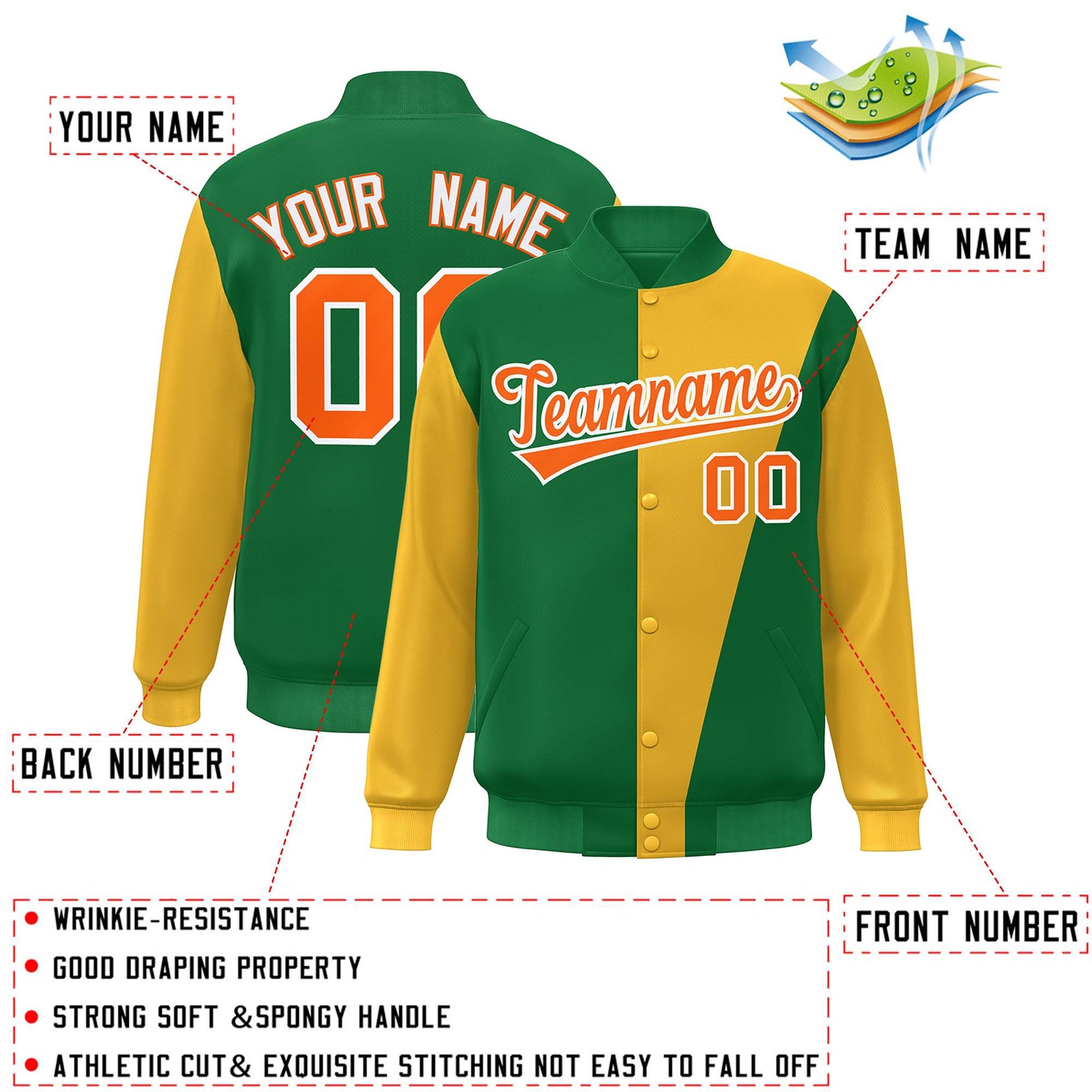 Custom Kelly Green Gold-Orange Color Block Varsity Full-Snap Bomber Jacket