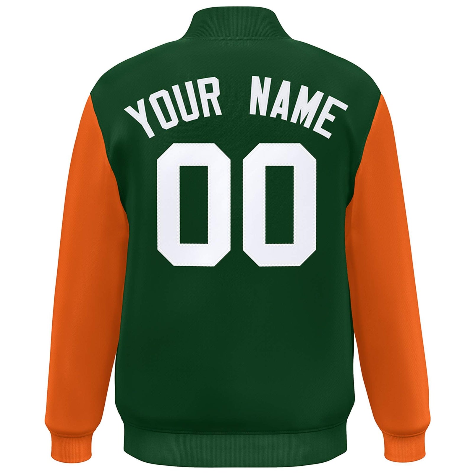 Custom Green Orange-White Color Block Varsity Full-Snap Bomber Jacket