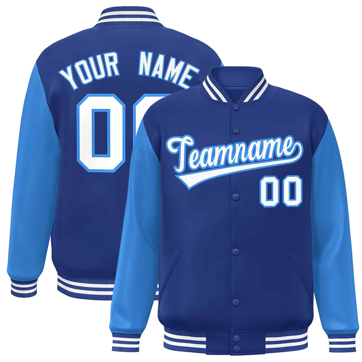 Custom Royal White-Powder Blue Raglan Sleeves Varsity Full-Snap Letterman Jacket
