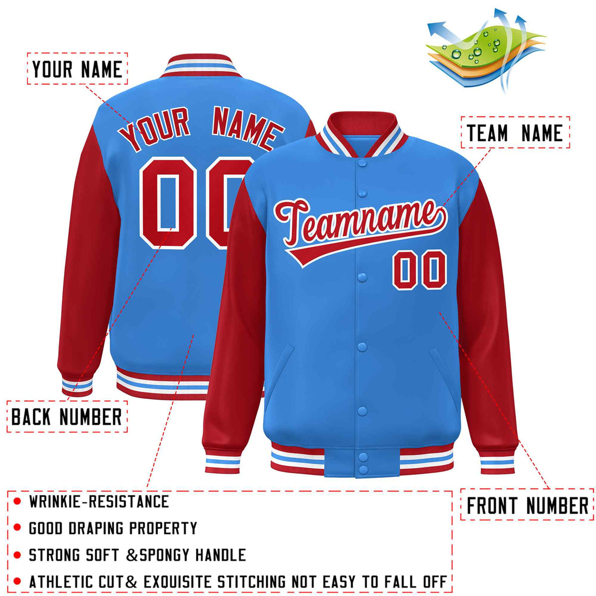 Custom Powder Blue Red-White Raglan Sleeves Varsity Full-Snap Letterman Jacket