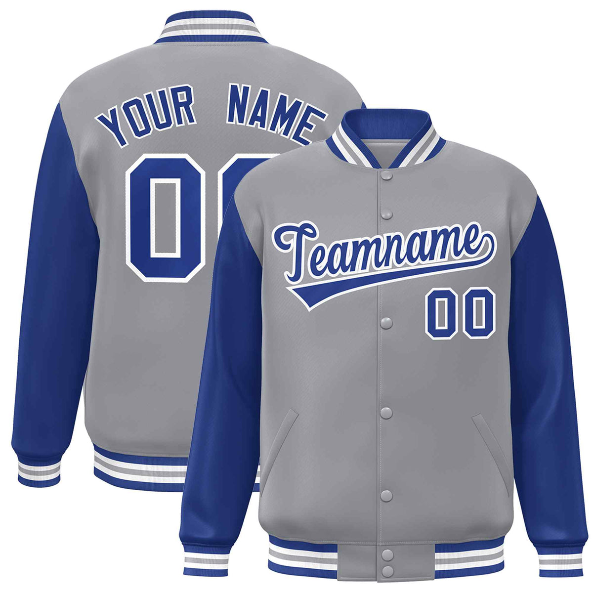 Custom Gray Royal-White Raglan Sleeves Varsity Full-Snap Letterman Jacket