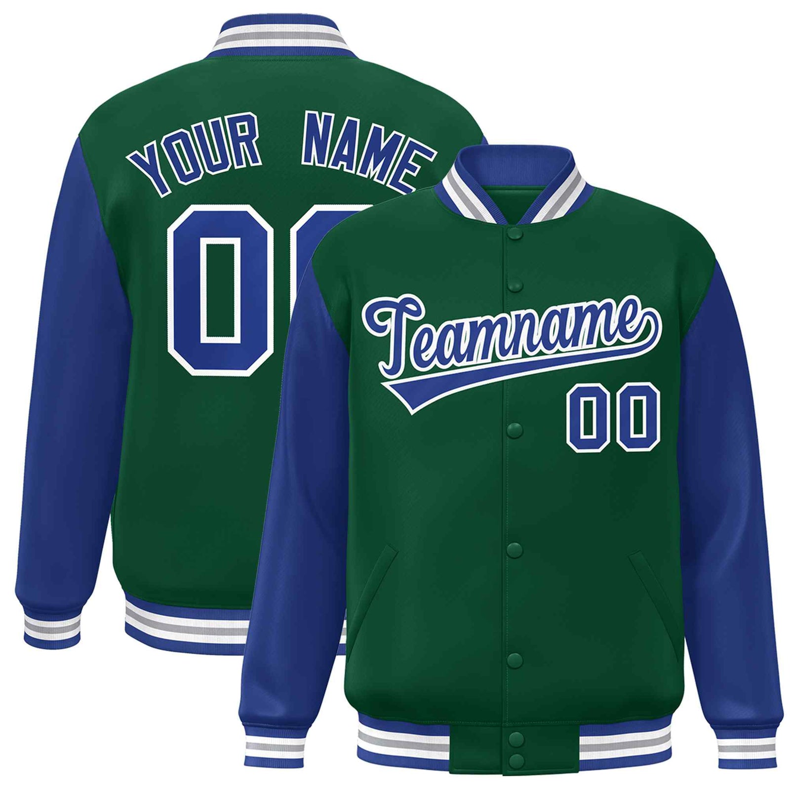 Custom Green Royal-White Raglan Sleeves Varsity Full-Snap Letterman Jacket