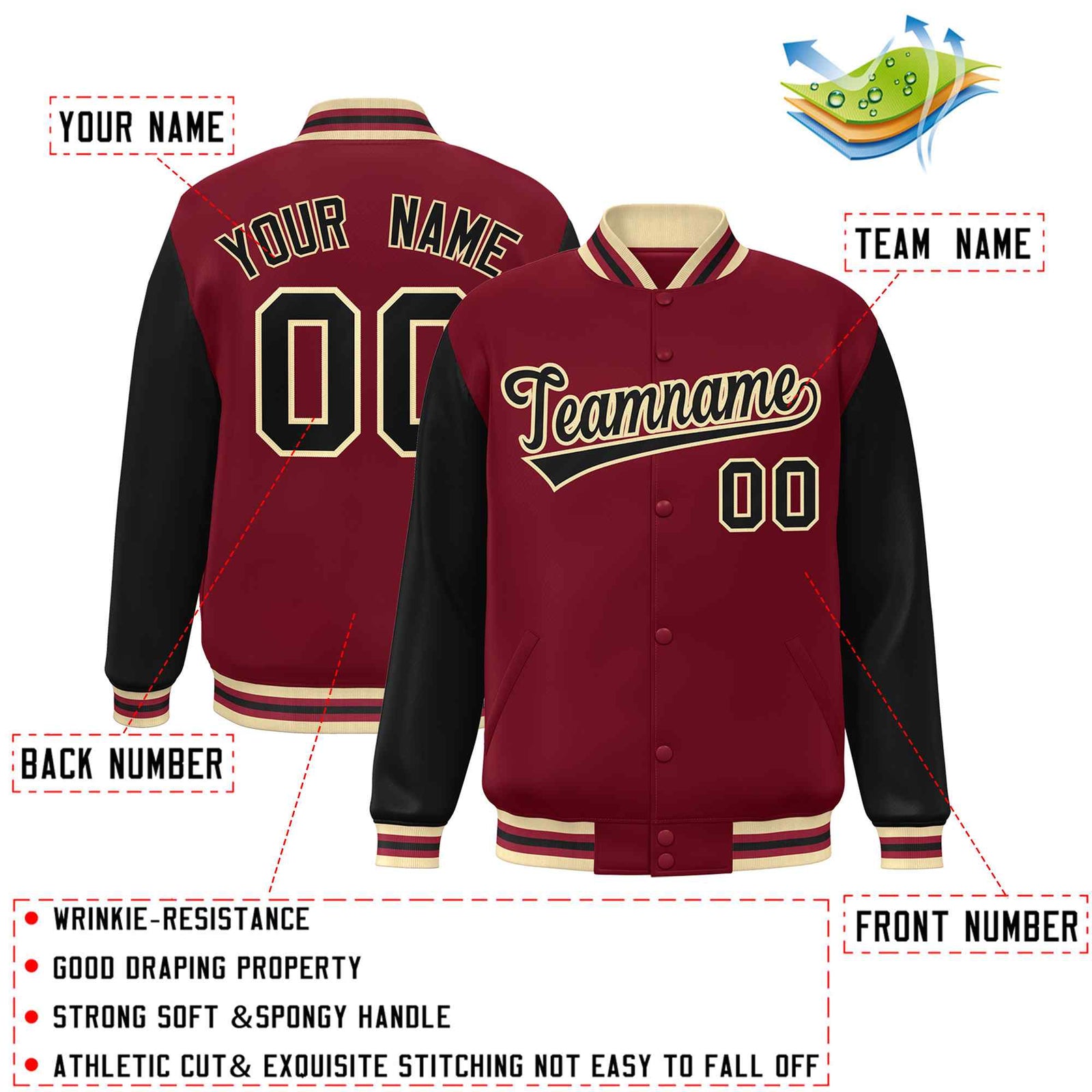 Custom Crimson Black-Khaki Raglan Sleeves Varsity Full-Snap Letterman Jacket